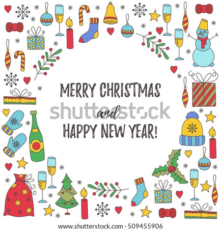 Christamas doodles greeting card with winter holidays symbols new year decoration Royalty-Free Stock Photo #509455906