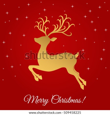 Merry Christmas greeting card template with golden reindeer. Vector illustration.