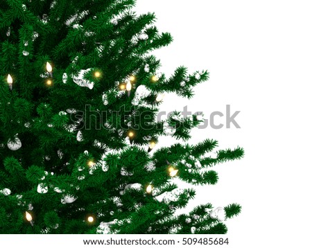 Christmas tree with light bulbs and snow on white background, 3D illustration