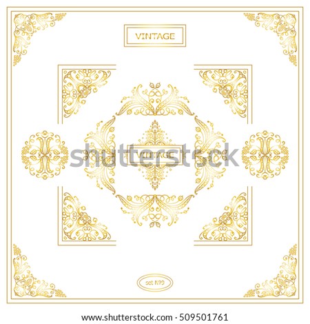 Vector set of vintage corners and frames. Ornamental frame, arrows, monogram, corners, square, book page, wedding invitation, card decoration. Vine and flower vignette. Gold and white colors