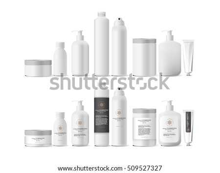 Realistic white cosmetic cream container and tube for cream, ointment, toothpaste, lotion Mock up bottle. Gel, powder, balsam, with empty label. Soap pump. Containers for bulk mixtures. Royalty-Free Stock Photo #509527327
