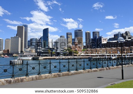 Panoramic landscape view of Sydney financial district and the rocks skyline in New South Wales, Australia. No people. Copy space 