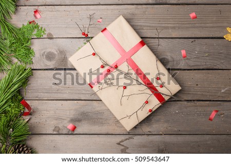 Christmas / New Year set with package on wooden planks