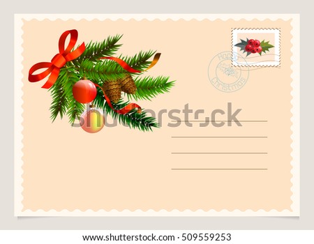 New Year and Christmas greeting card template. Christmas tree branch decoration.
