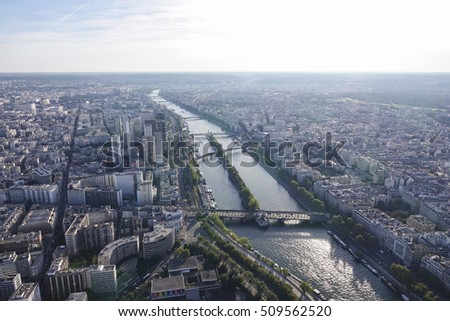 View from the top deck of Eiffel Tower over the big city of Paris