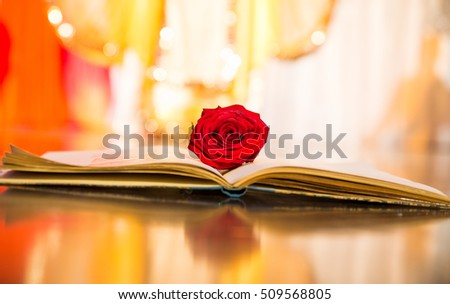 Knowledge concept illustrated by a vintage book and red rose
