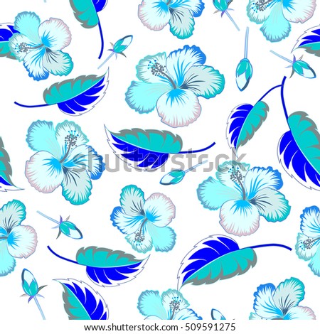 Aloha typography with hibiscus floral illustration for t-shirt print, seamless pattern vector illustration in blue colors on white background.