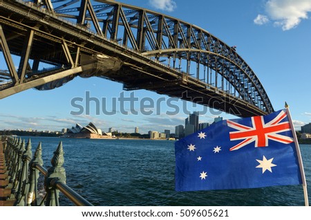 The National flag of Australia flies under Sydney Harbor Bridge and the Opera House in Sydney, New South Wales Australia. No people. Copy space 