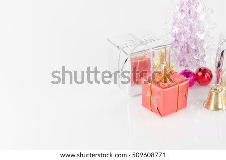 christmas decoration on white background. color gift box and chistmas tree
