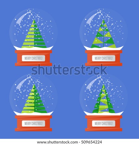 Christmas trees in snow globes. Xmas snow globes and christmas tree characters. Merry Christmas and Happy New Year concepts