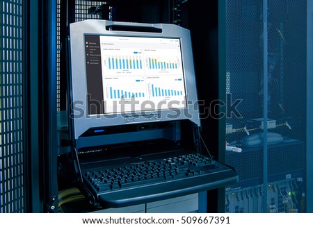 monitor show graph information of network traffic and status of device in data center room.
