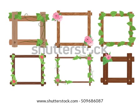 Wooden frames with leaves and flowers vector illustration. Set of wood frames with leaves and flowers isolated on white background. Wood frames collection.