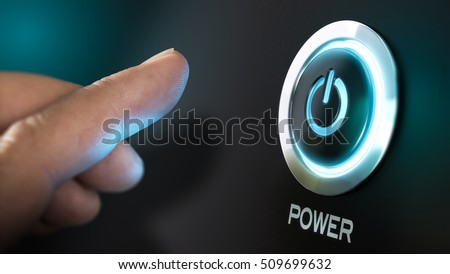 Finger about to press a power button. Hardware equipment concept. Composite between an image and a 3D background Royalty-Free Stock Photo #509699632