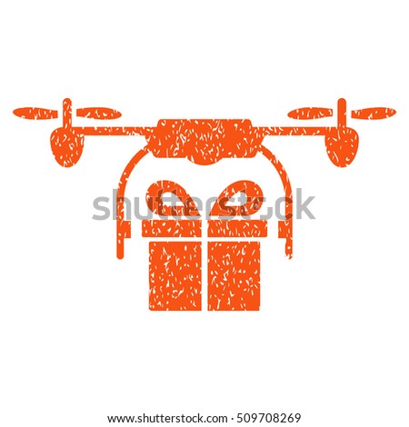 Drone Gift Delivery grainy textured icon for overlay watermark stamps. Flat symbol with dust texture. Dotted vector orange ink rubber seal stamp with grunge design on a white background.