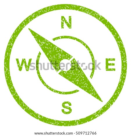 Compass grainy textured icon for overlay watermark stamps. Flat symbol with dirty texture. Dotted vector eco green ink rubber seal stamp with grunge design on a white background.