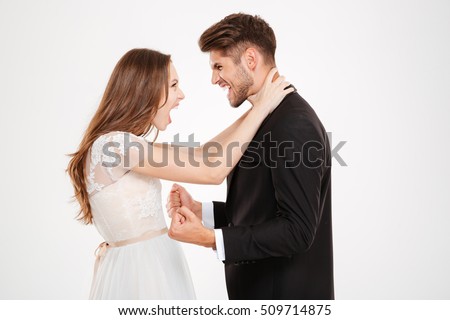 Girl strangling a Man. white background