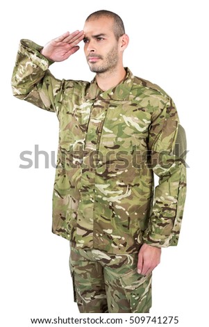 Soldier giving a salute on white background