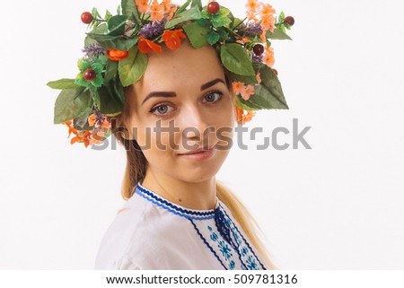 beautiful blonde girl in national costume. Belarus.