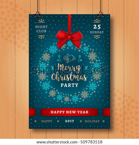 Party Christmas and and Happy New Year Poster. Holiday winter placard hanging on a wooden wall decorated with red bows and ribbons. Christmas party invitation retro typography. Vector Eps 10