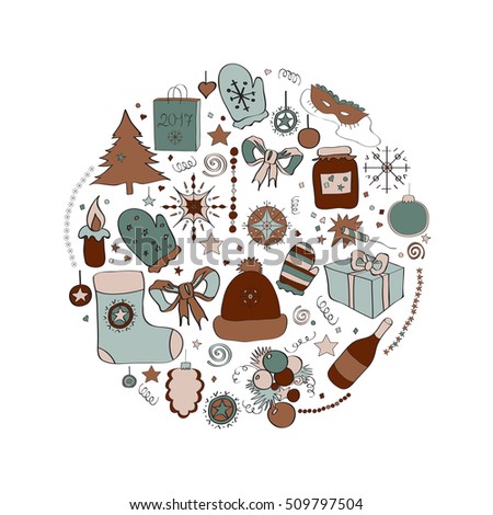 Vector illustration Set of Christmas symbols and individual elements for holiday cards, posters, invitations. gray and brown shades