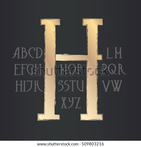 Classic vintage gold uppercase H letter. Uppercase vector font with grunge border letters. A to Z alphabet.