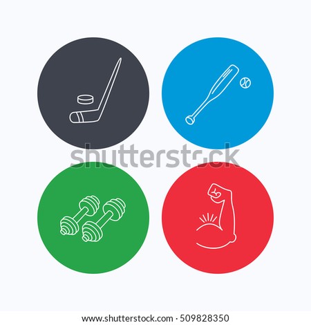 Baseball, ice hockey and fitness sport icons. Muscle linear sign. Linear icons on colored buttons. Flat web symbols. Vector