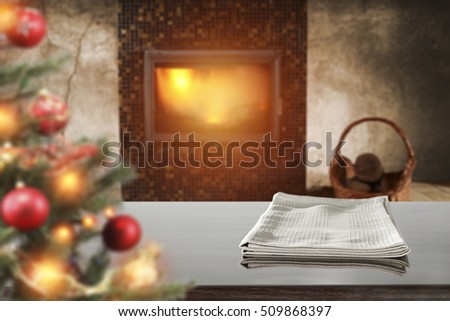 Interior with fireplace and xmas tree and desk of free space 
