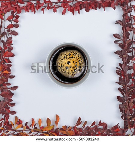 Perfect cup of coffee on white background with autumn leaves - Flat lay of Autumnal background