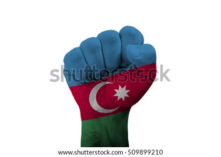 Man hand fist of AZERBAIJAN flag painted