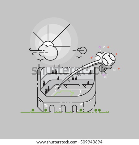Home run, Baseball Ball Being Hit Out of the Park, Stadium, Field, Thin line Vector Style. Vector, Illustration