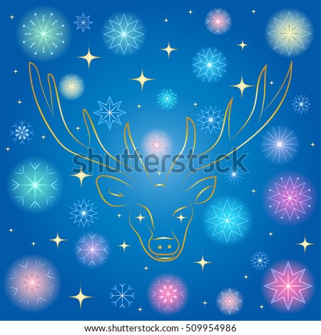 Colorful Shinning Snowflakes and Golden Stars. Hand Drawn Golden Silhouette of Reindeer on Blue Background. Perfect for Festive Design. Vector illustration.