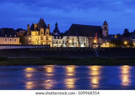 Amboise panorama at night. Amboise, Pays de la Loire, France