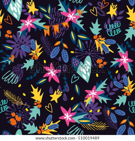 Vector seamless floral pattern of Christmas symbols.