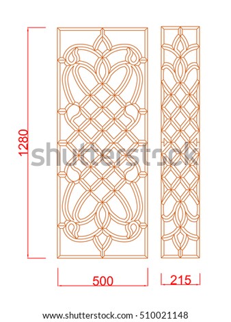 Stained glass vector line work orange paint with dimension on the white background