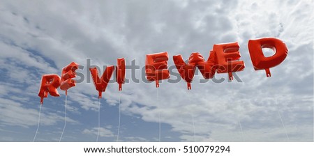 REVIEWED - red foil balloons on blue sky - 3D rendered royalty free stock picture. This image can be used for an online website banner ad or a print postcard.