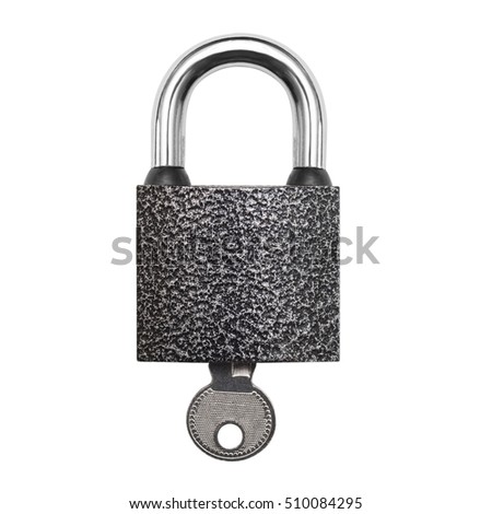 Iron padlock with a key isolated on white background. Flat lay, top view. 