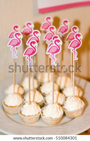 Holiday decoration for girl in delicate pale pink, white and blue colors. Sweets, cakes, candies, popcorn, lemonade, macaroon.