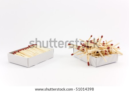 Two matchboxes, the one on the left looks tidy and the matches fit nicely inside, the one on the right looks chaotic and the matches don't fit. Royalty-Free Stock Photo #51014398