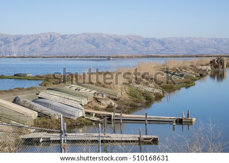 Boats on a levee, Moffett trail, south San Francisco bay, California