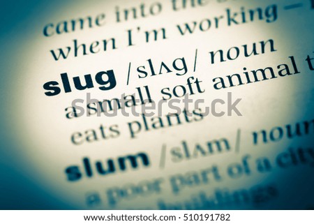 Close up of old English dictionary page with word slug