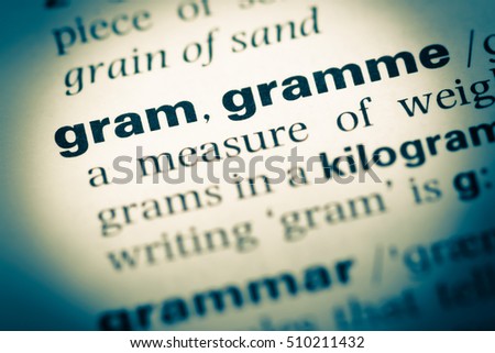 Close up of old English dictionary page with word gram