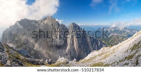 Fleischbank and Totenkirchl, two famous rock climbing routes seen from below the summit of Goinger Halt, Going, Tyrol, Austria