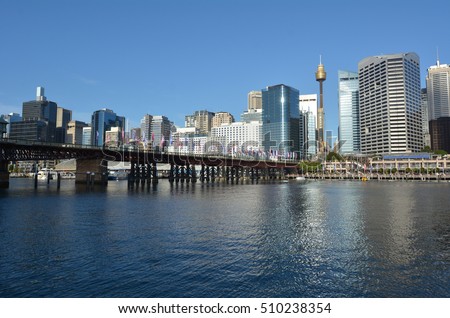 Cityscape of Darling Harbour at sunset, a recreational and pedestrian precinct situated on western outskirts of the Sydney central business district in New South Wales, Australia. Royalty-Free Stock Photo #510238354