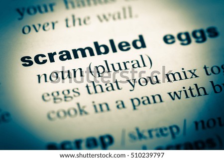 Close up of old English dictionary page with word scrambled egg