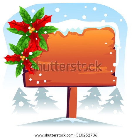 Vector Illustration of Blank Wooden Signage with Poinsettia on Snowy Background