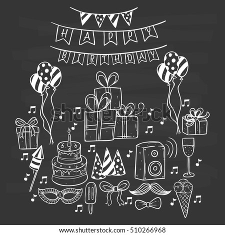 set of doodle or hand drawing birthday party icons on chalkboard background