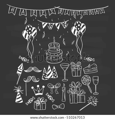 birthday icons set using hand drawing or doodle art on chalkboard background