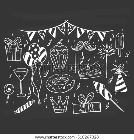 hand drawing or doodle birthday party elements collection on chalkboard background