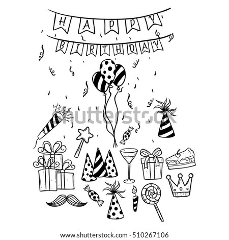 collection of birthday party elements using doodle art