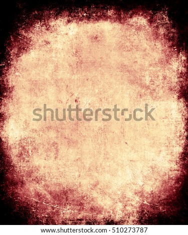 Halloween scary grunge red abstract texture background with black scratched frame and faded central area for your text or picture.